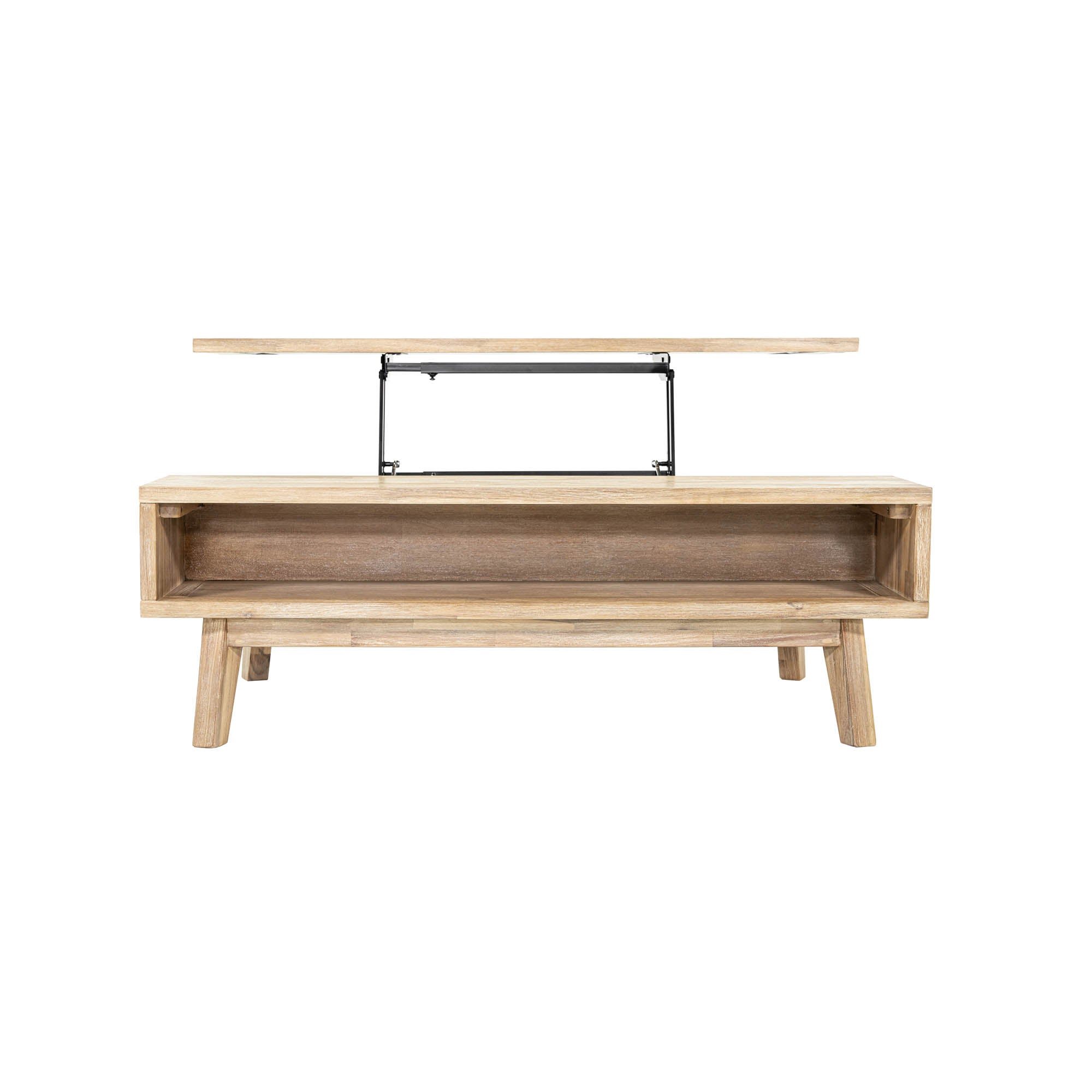 Front view of the Gia coffee table with the natural mango wood top lifted to reveal an internal storage compartment