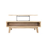 Front view of the Gia coffee table with the natural mango wood top lifted to reveal an internal storage compartment