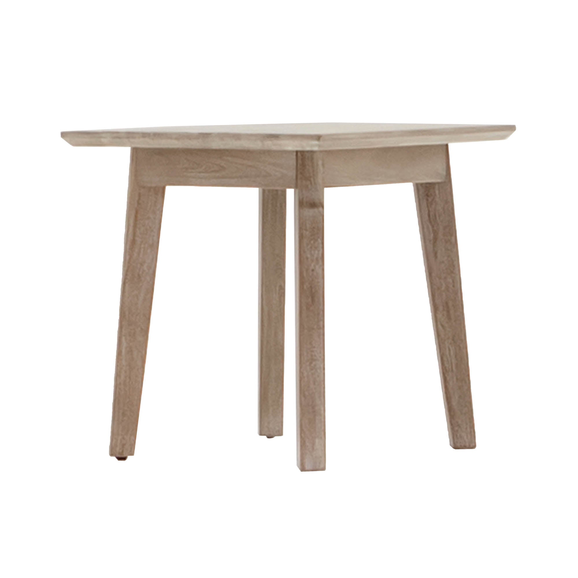Perspective view of the Gia side table featuring a square top and tapered legs in a light natural oak finish