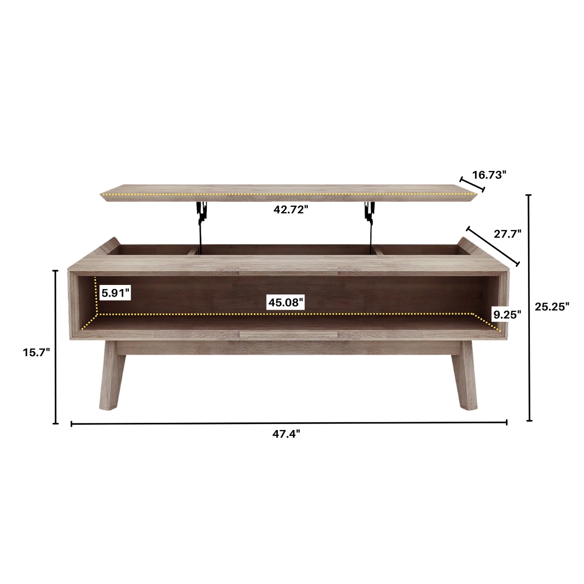 Front view of the Gia coffee table with the natural mango wood top lifted to reveal an internal storage compartment