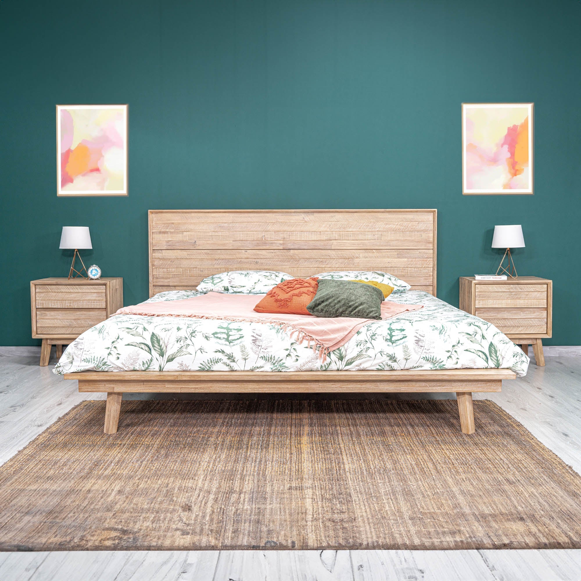 Front view of the Gia 2-drawer nightstand featuring a weathered light oak finish and architectural tapered solid wood legs