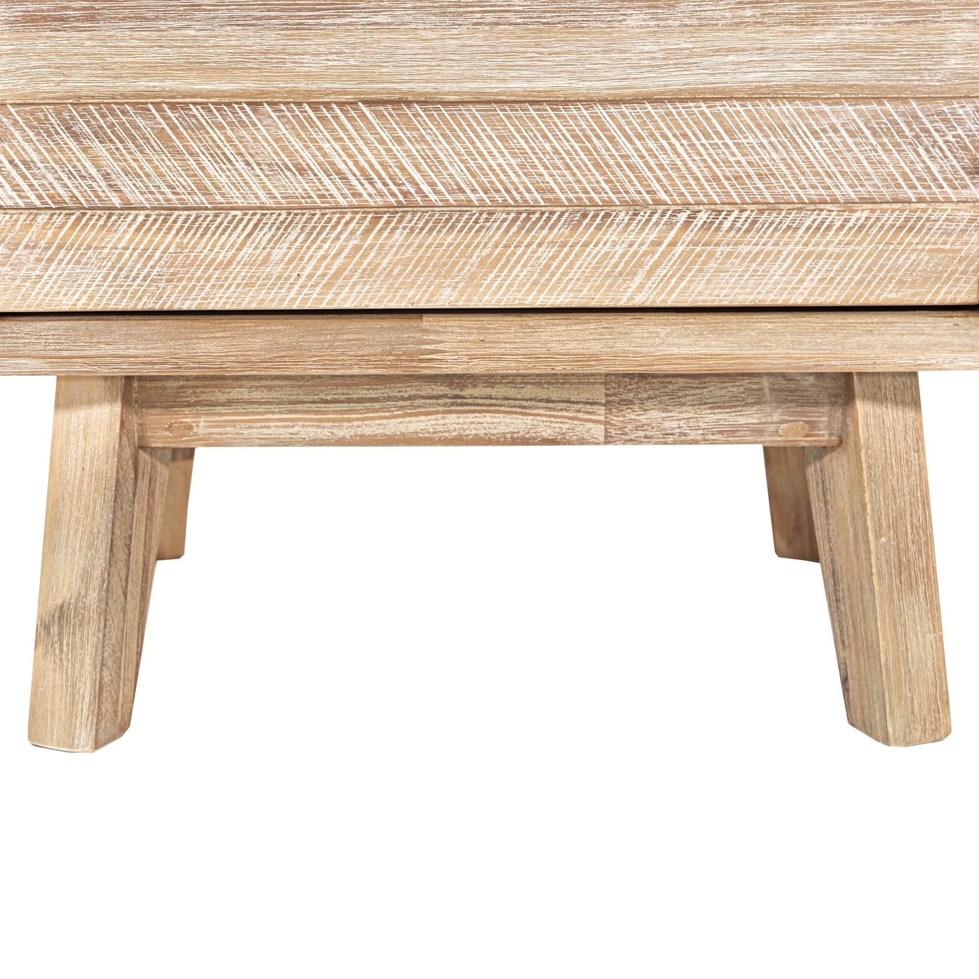 Front view of the Gia 2-drawer nightstand featuring a weathered light oak finish and architectural tapered solid wood legs