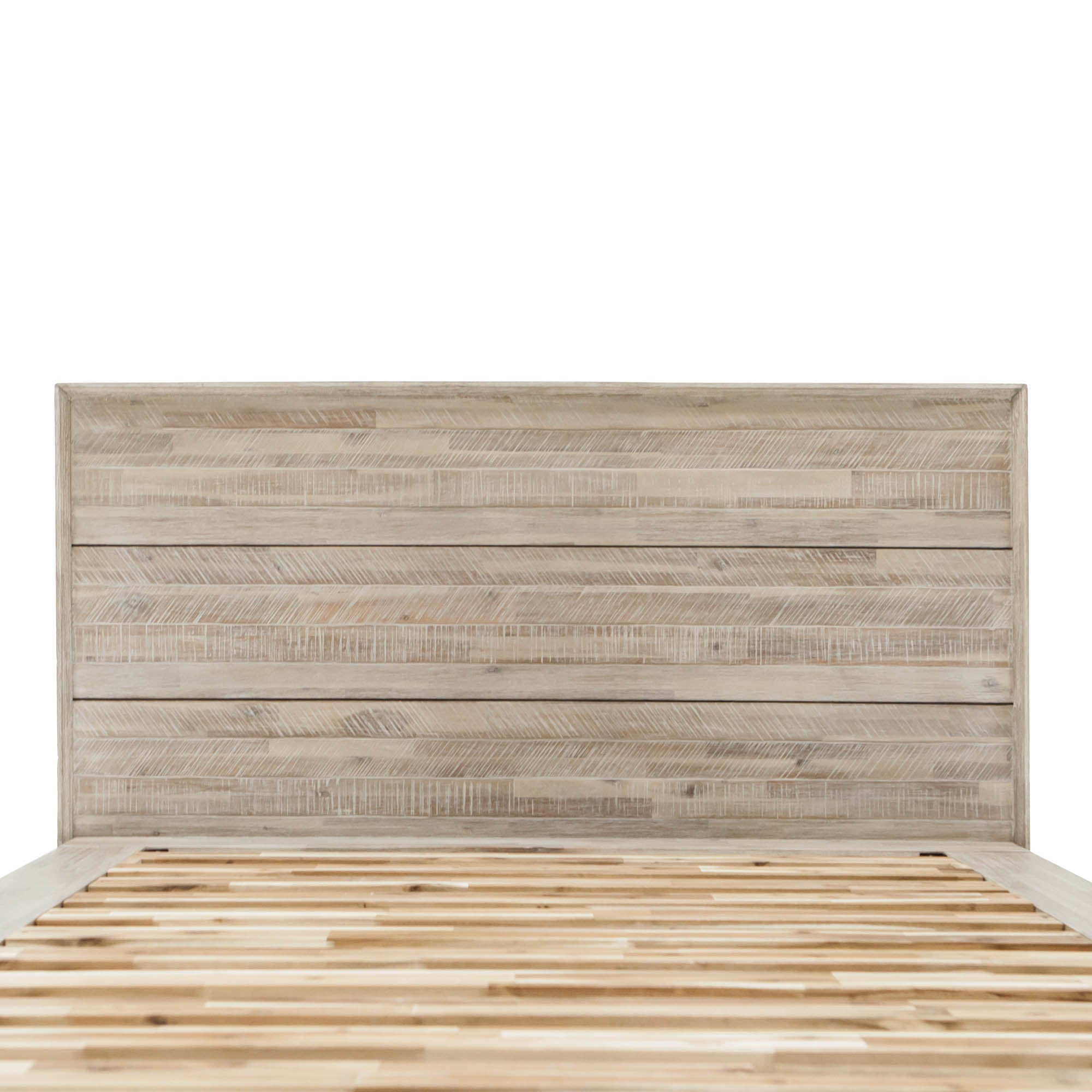Front view of the Gia platform bed featuring a clean-lined headboard with horizontal wood planks in a weathered light oak finish