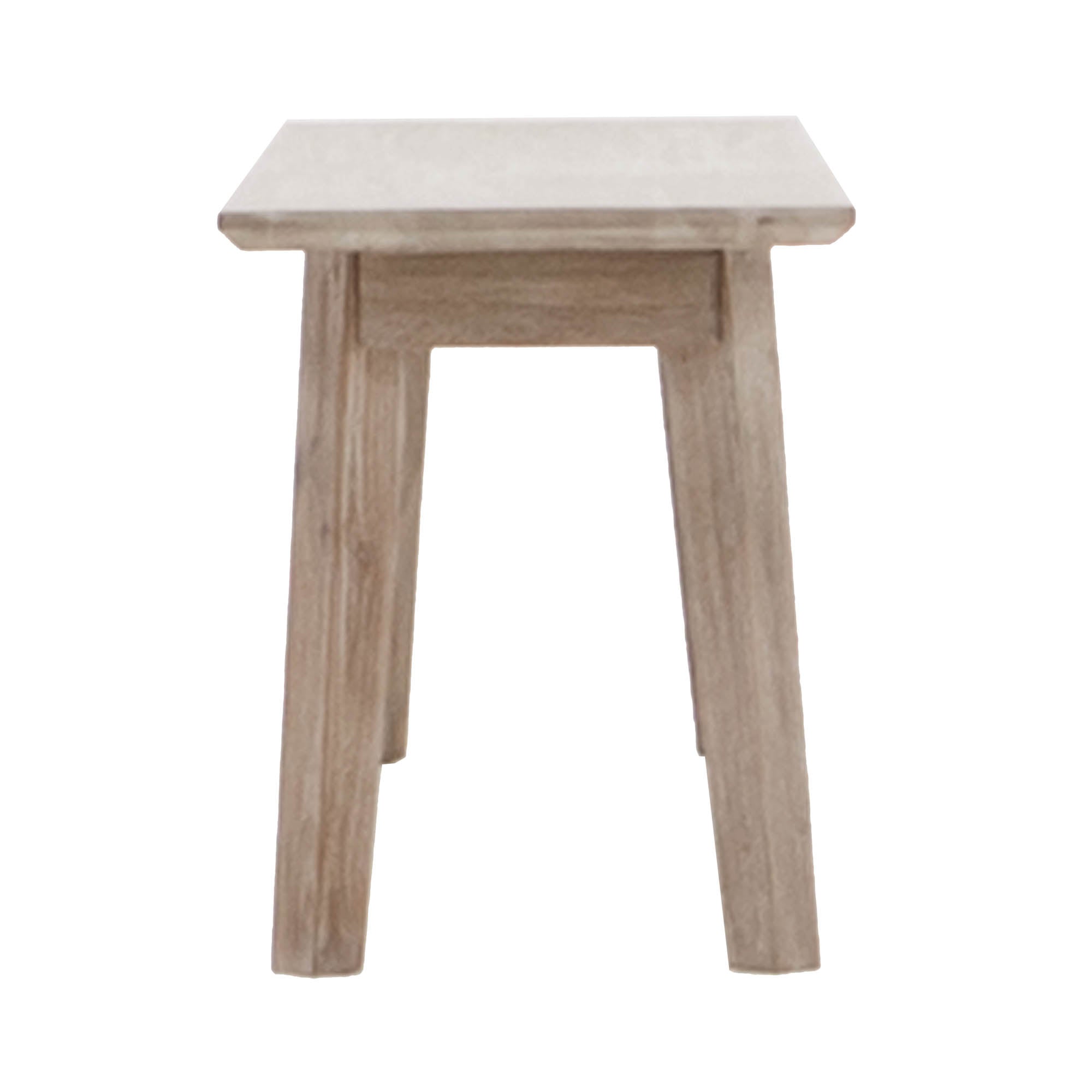 Front view of the Gia bench featuring a light weathered wood finish, rectangular top, and minimalist tapered legs