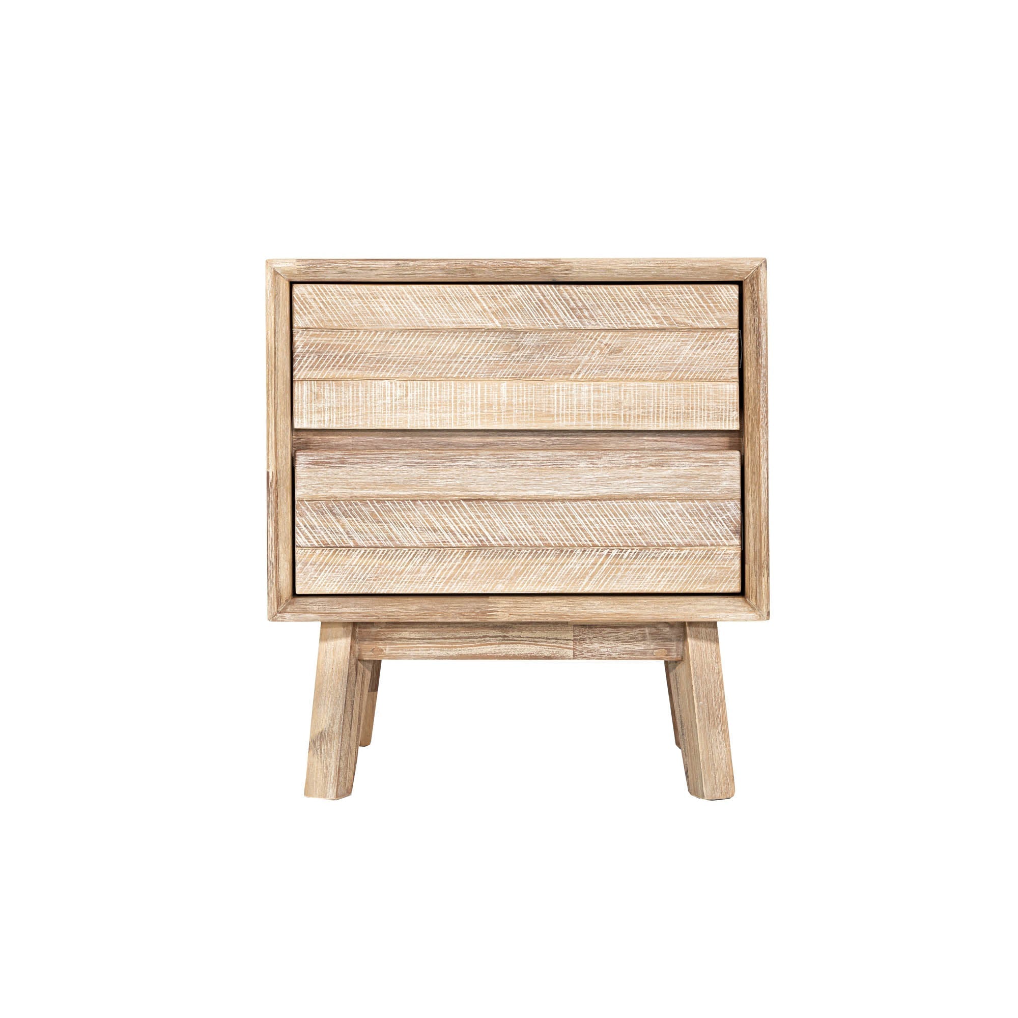 Front view of the Gia 2-drawer nightstand featuring a weathered light oak finish and architectural tapered solid wood legs