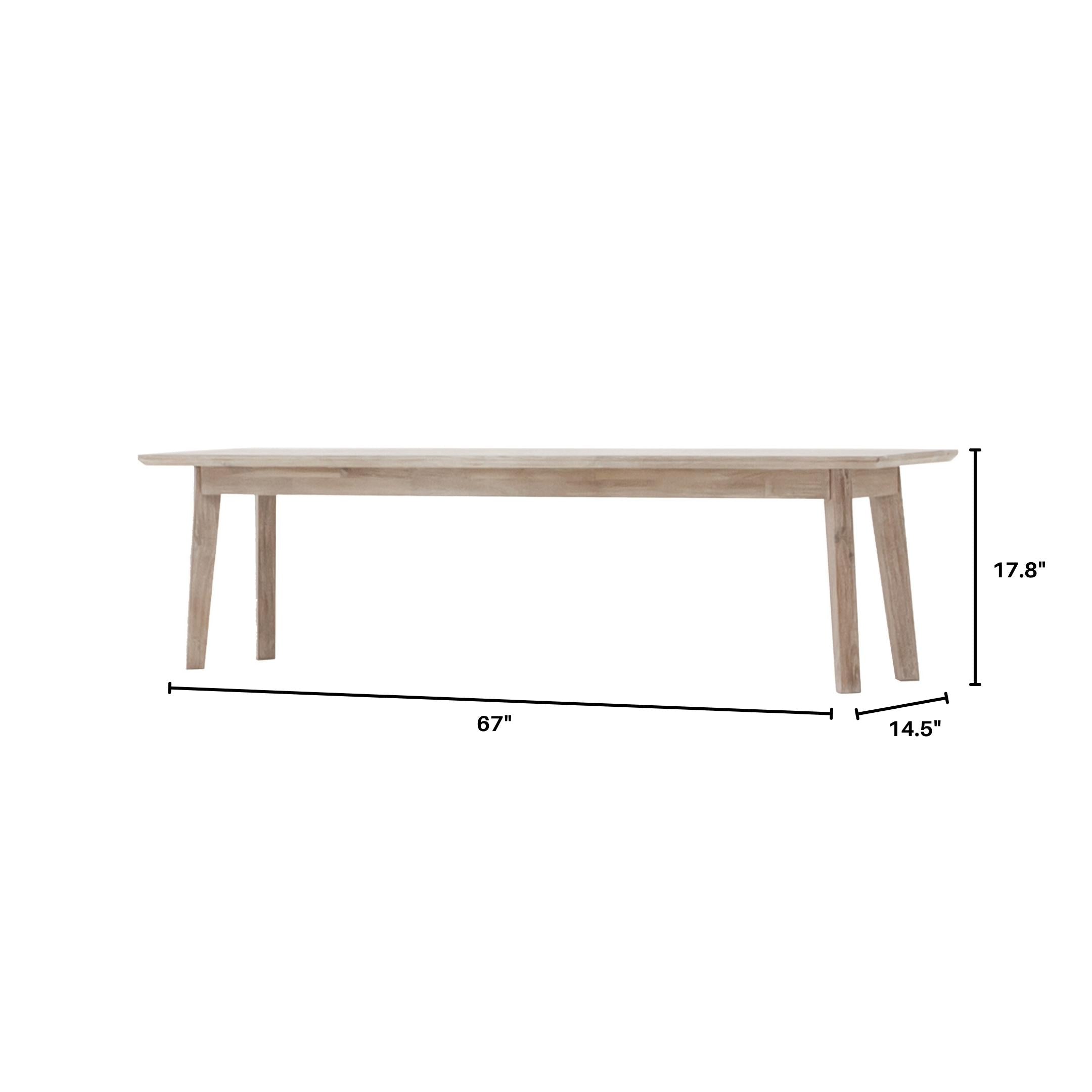 Front view of the Gia bench featuring a light weathered wood finish, rectangular top, and minimalist tapered legs