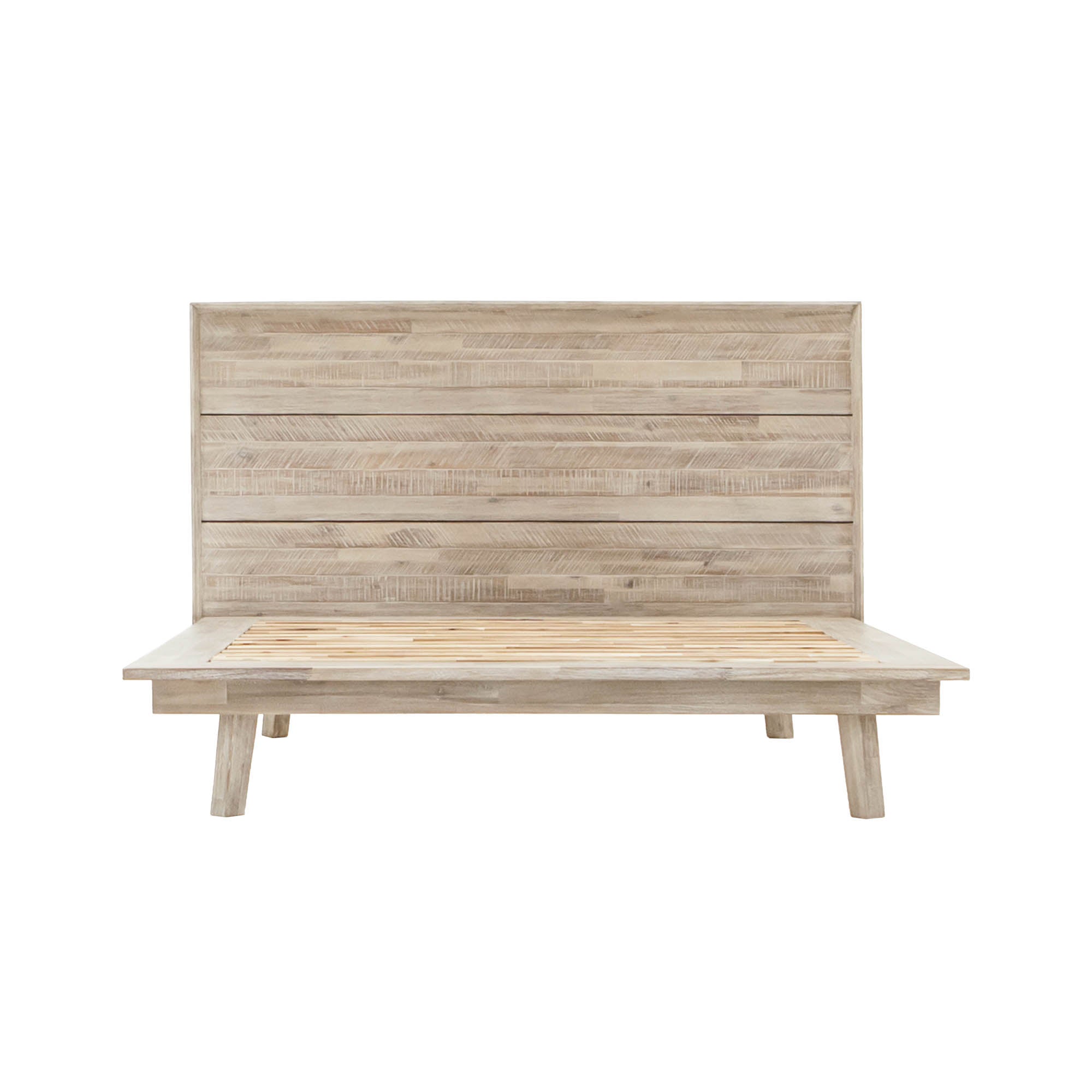 Front view of the Gia platform bed featuring a clean-lined headboard with horizontal wood planks in a weathered light oak finish