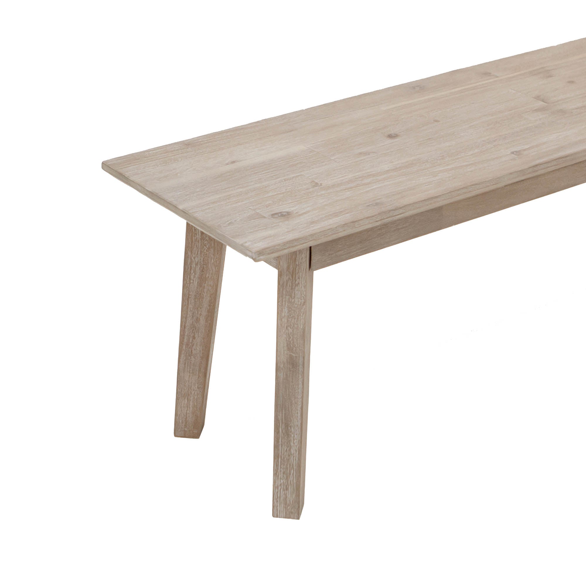 Front view of the Gia bench featuring a light weathered wood finish, rectangular top, and minimalist tapered legs