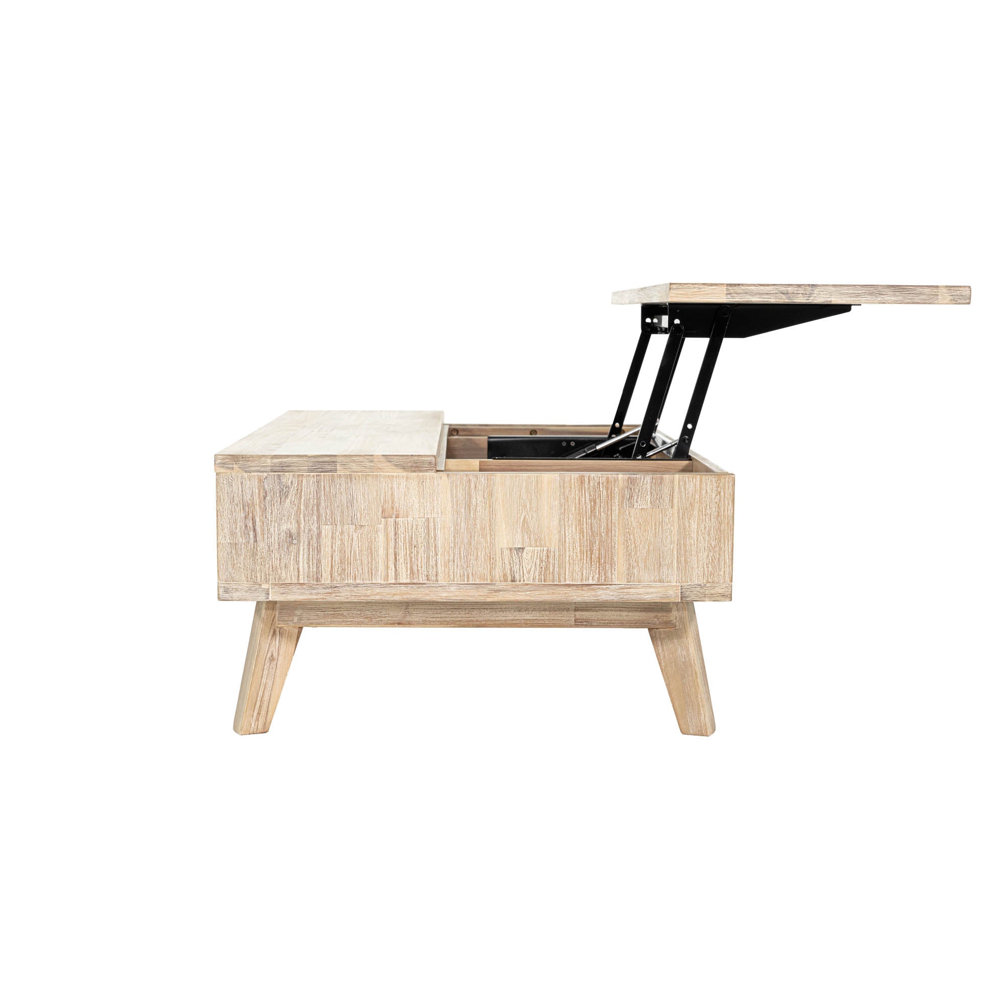 Front view of the Gia coffee table with the natural mango wood top lifted to reveal an internal storage compartment