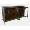 Perspective view with one arched glass door open revealing the spacious wood interior and fixed storage shelving