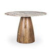 Three-quarter perspective view featuring an alternate grey and beige veined marble tabletop on the signature wood pedestal
