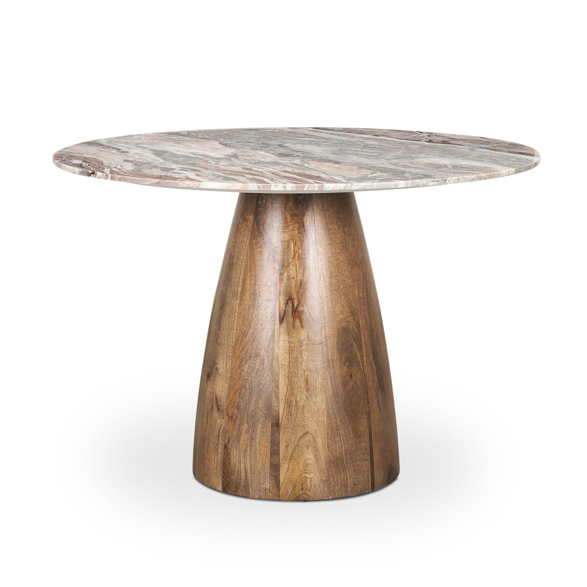 Front view of the Allyson round dining table featuring a white marble top and a solid mango wood tapered pedestal base