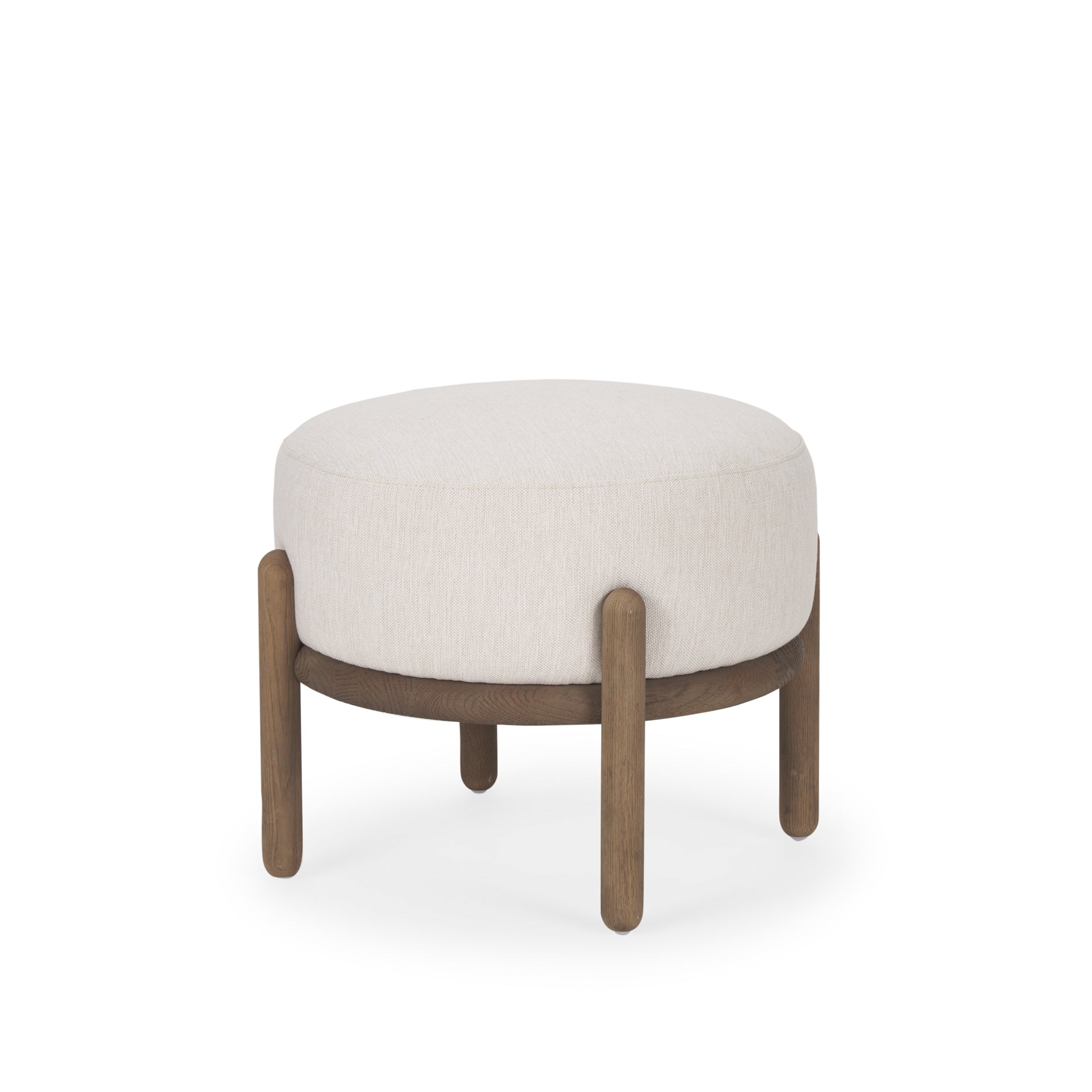 Front three-quarter view of the Gwynn pouf featuring a cream upholstered seat and a curved oak wood frame