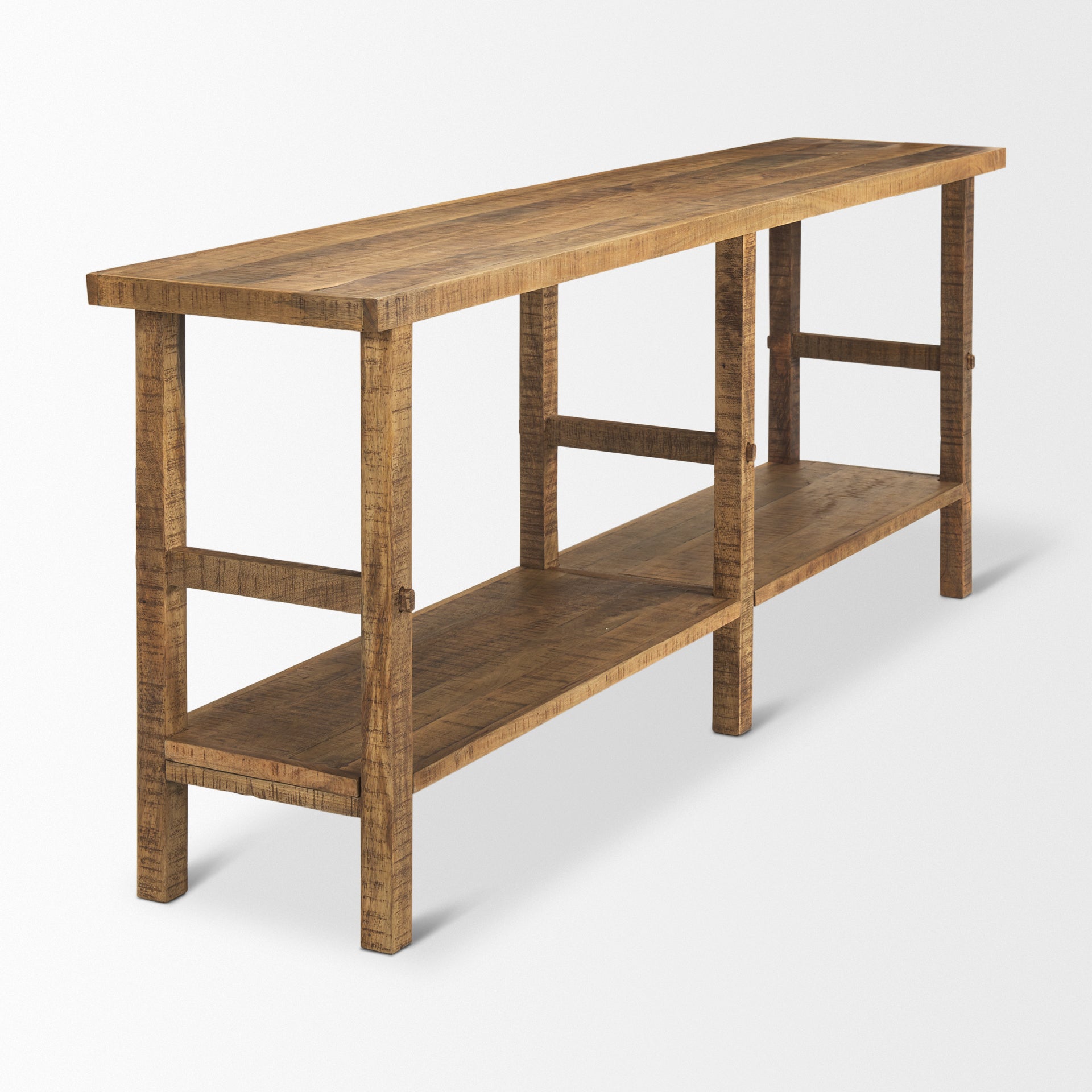 Front view of the Rosie console table in a light natural mango wood finish featuring a minimalist double-tier design