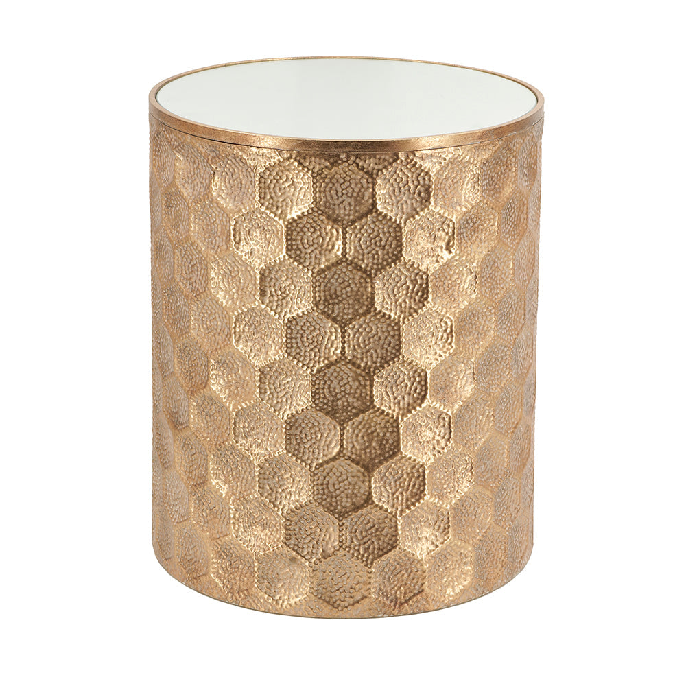 Kiran drum side table with hammered gold honeycomb metal base and white top