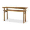 Angled perspective of the extended natural wood console highlighting its versatile use as a long hallway bench or media unit