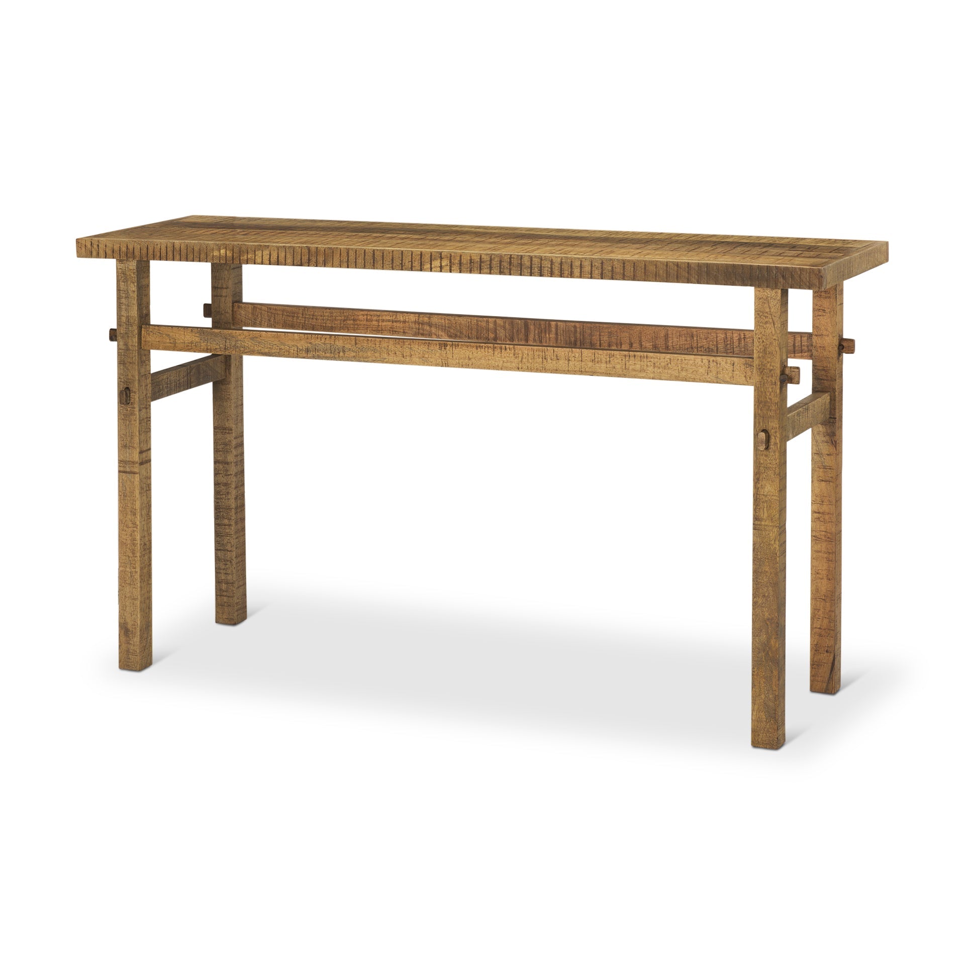 Front view of the Rosie console table in a light natural mango wood finish featuring a minimalist double-tier design