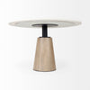 Macro detail shot showcasing the clean joinery and warm tones of the light natural wood pedestal base