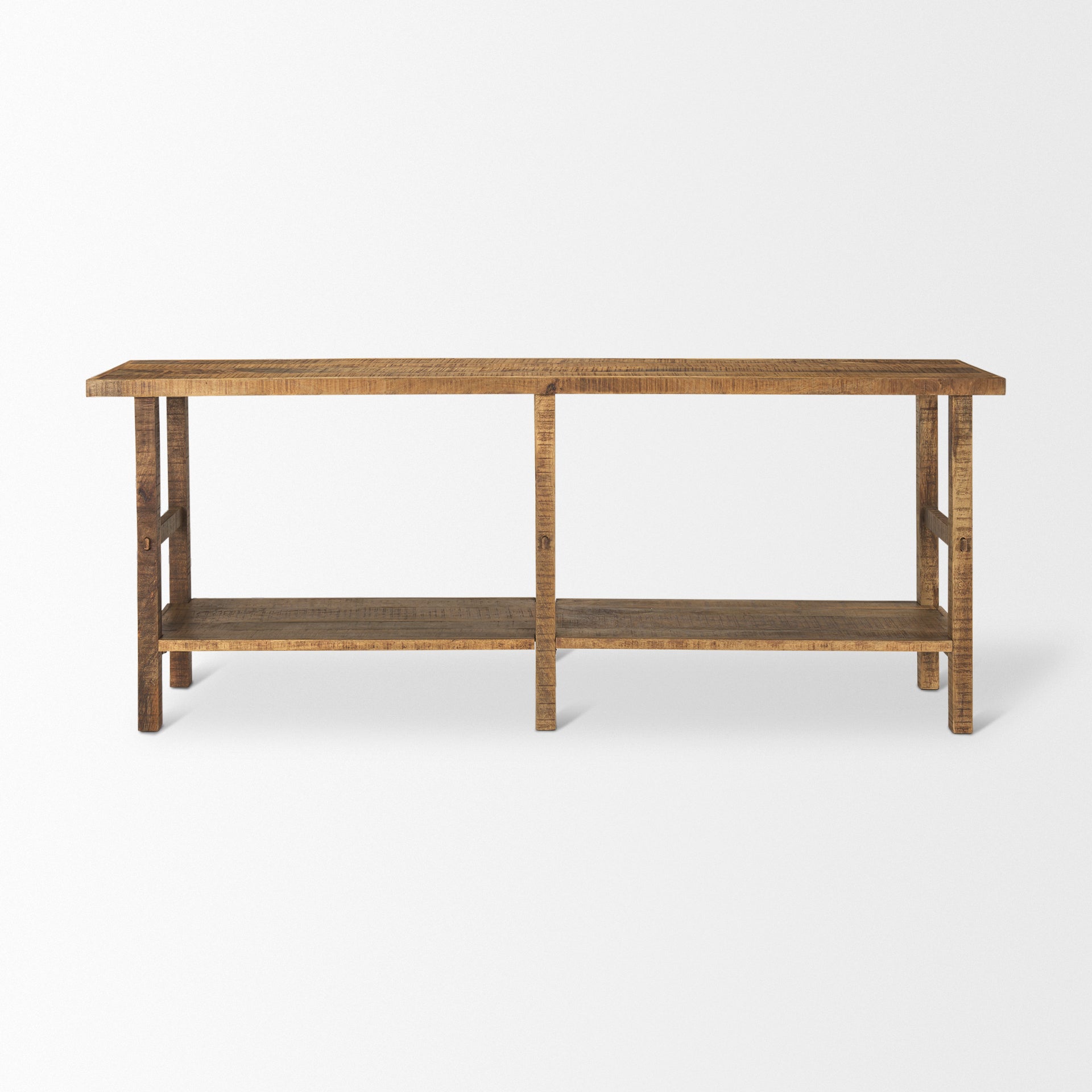 Front view of the Rosie console table in a light natural mango wood finish featuring a minimalist double-tier design