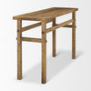 Three-quarter side perspective of the extended Rosie console showing the continuous flow of the natural wood grain
