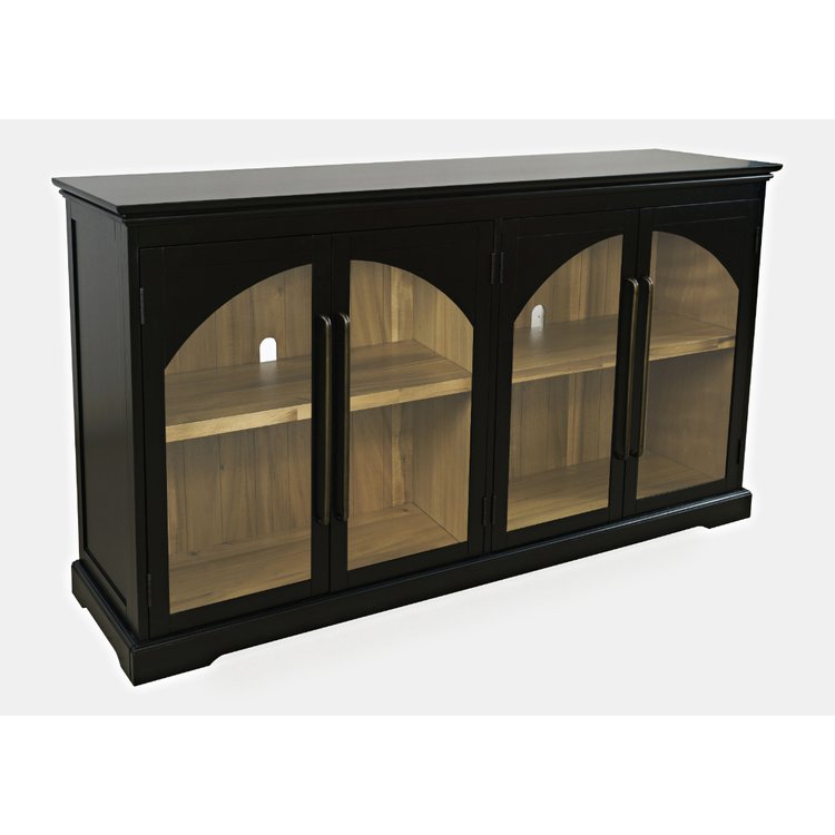 Straight-on front view of the Archdale accent cabinet in a weathered grey finish featuring four arched glass-front doors
