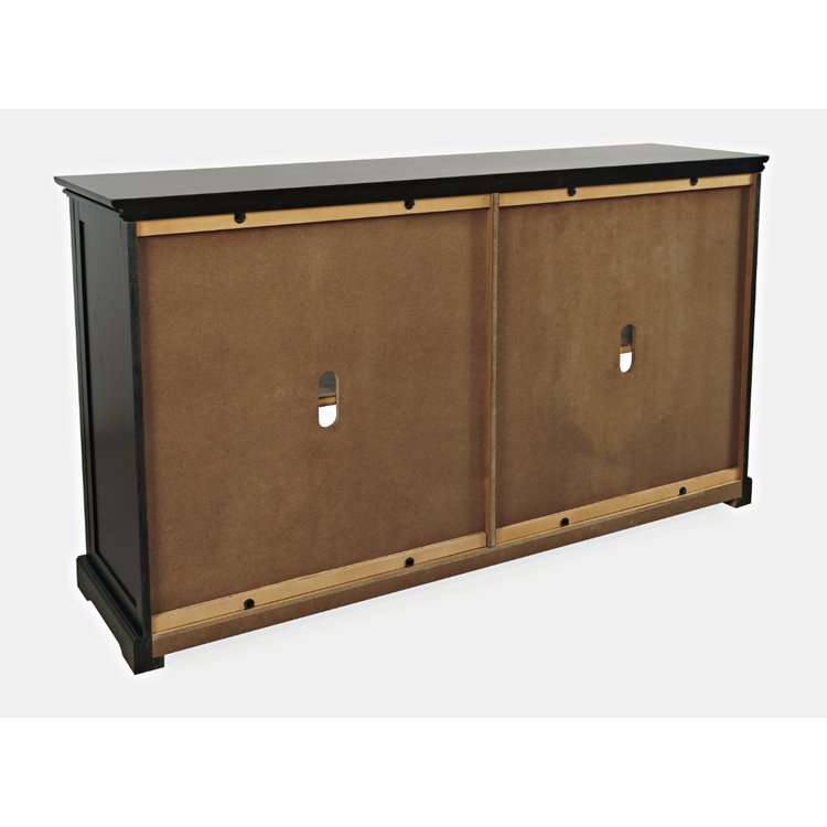 Straight-on front view of the Archdale accent cabinet in a weathered grey finish featuring four arched glass-front doors