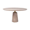 Front view of the Maxwell round dining table featuring a natural wood top and a tapered pedestal base with an antique brass metal neck