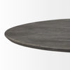 Detailed shot focusing on the black metal neck hardware that anchors the dark wood tabletop to the pedestal