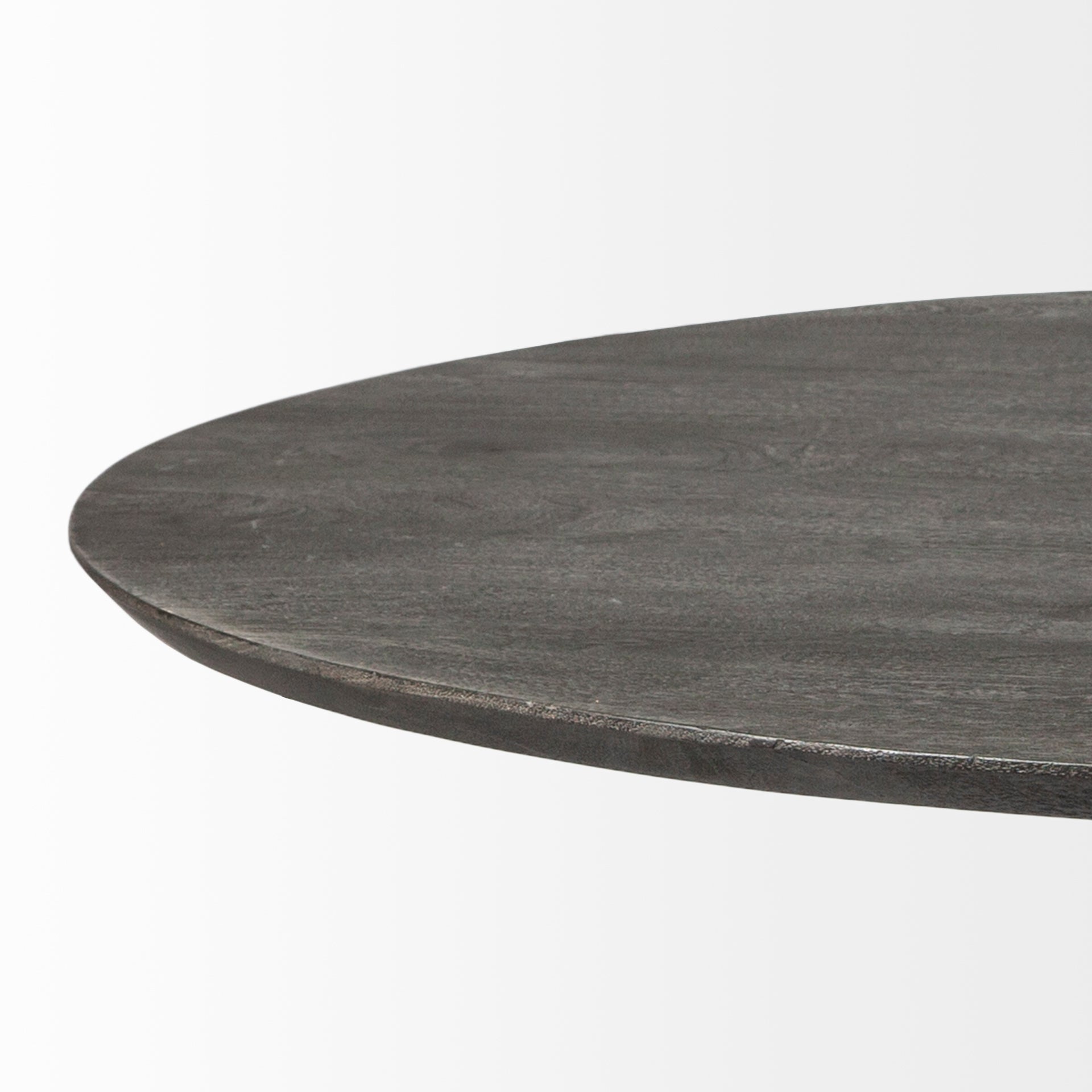 Front view of the Maxwell round dining table featuring a natural wood top and a tapered pedestal base with an antique brass metal neck