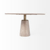 Straight-on side profile view highlighting the slim wooden tabletop and the distinctive metal neck transition to the pedestal base