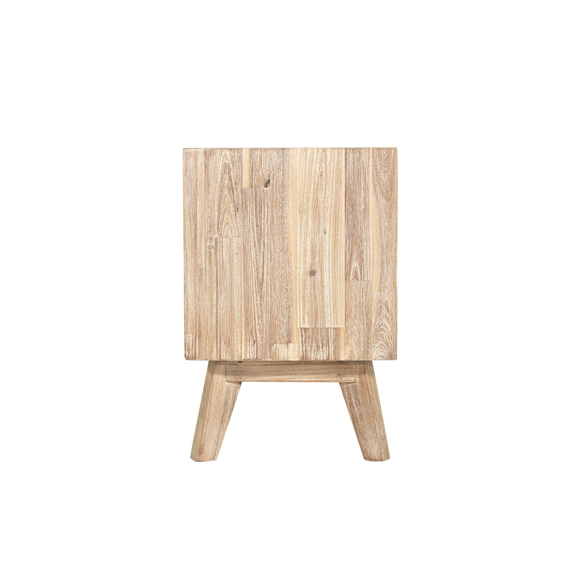 Front view of the Gia 2-drawer nightstand featuring a weathered light oak finish and architectural tapered solid wood legs
