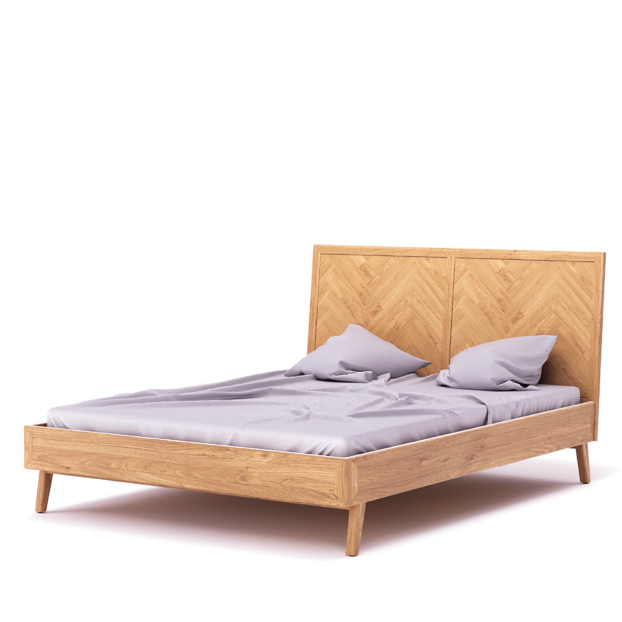 Front view of the Colton king bed featuring a light oak wood frame and a decorative herringbone inlay headboard