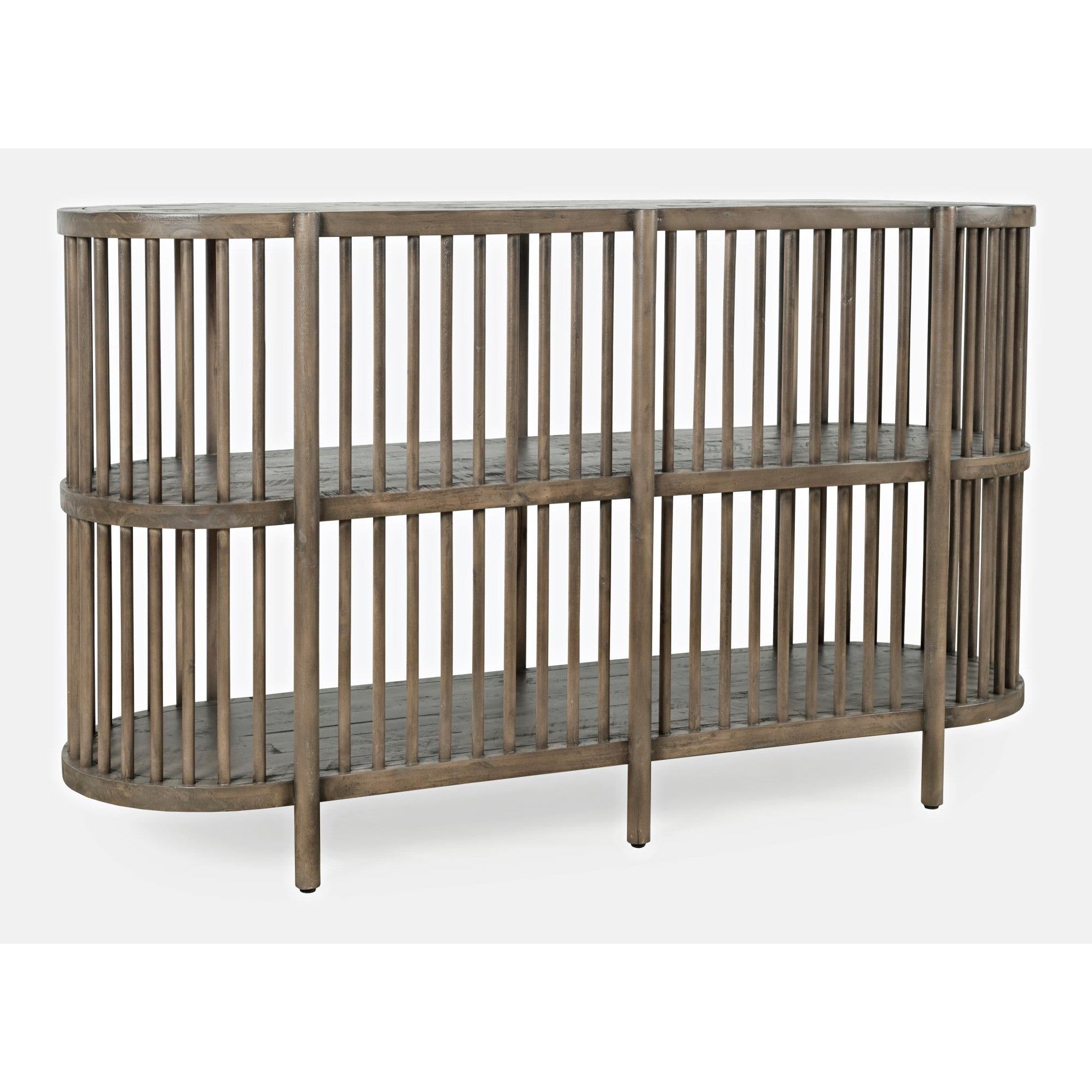 Front view of the Rhapsody 54-inch accent console in a chestnut finish featuring a curved oval silhouette and vertical wood slat design