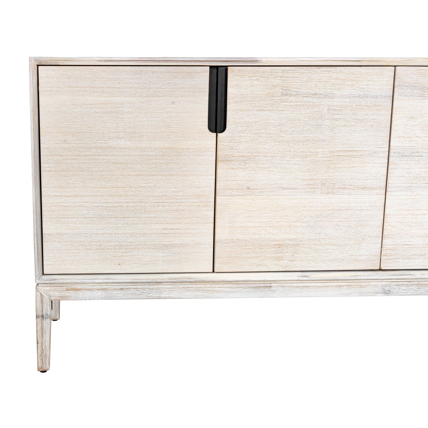 Straight-on front view of the Gemini sideboard featuring a light whitewashed wood finish and four handle-free cabinet doors