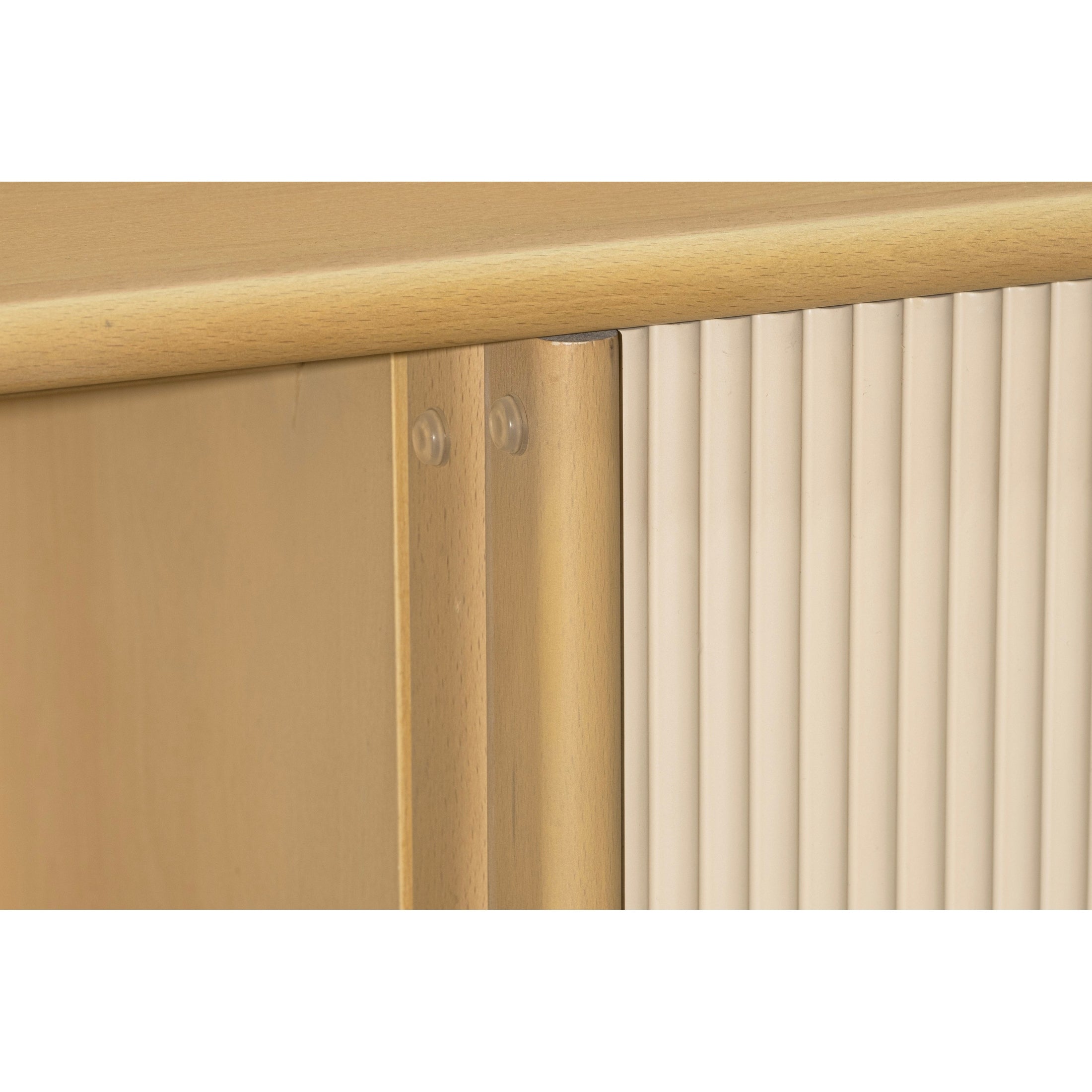 Front view of the Glee sideboard featuring light oak wood construction and two large sliding tambour doors with vertical fluted detailing