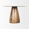 Straight-on side profile view highlighting the slim profile of the natural stone tabletop and the organic curves of the wood base
