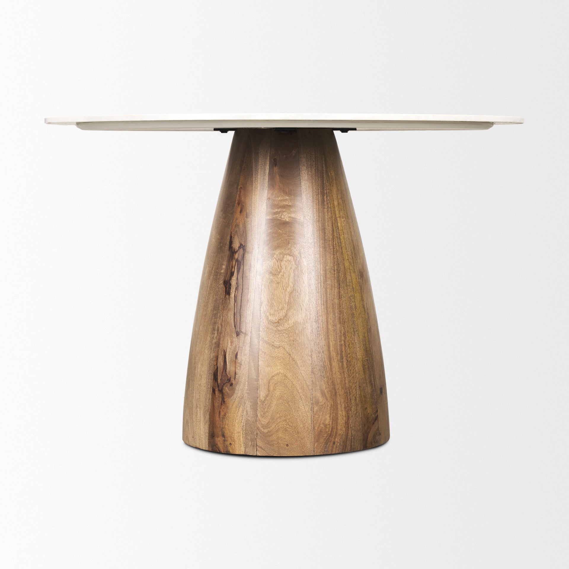 Front view of the Allyson round dining table featuring a white marble top and a solid mango wood tapered pedestal base