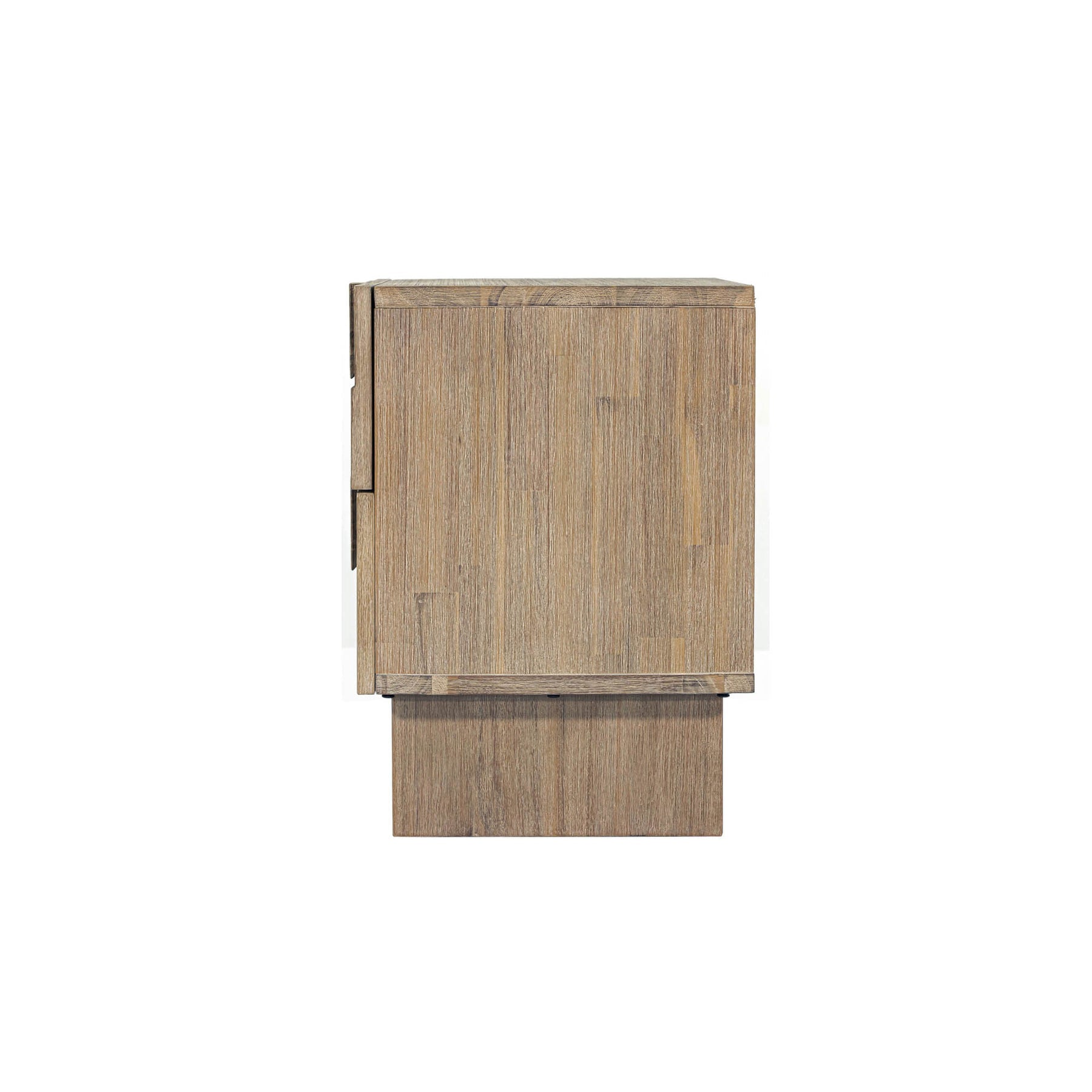 Front view of the Atlantis nightstand featuring a unique puzzle-like textured wood facade and two spacious drawers with integrated square handles