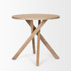 Straight-on front view showcasing the architectural interlocking leg design and clean minimalist silhouette of the round wood foyer table