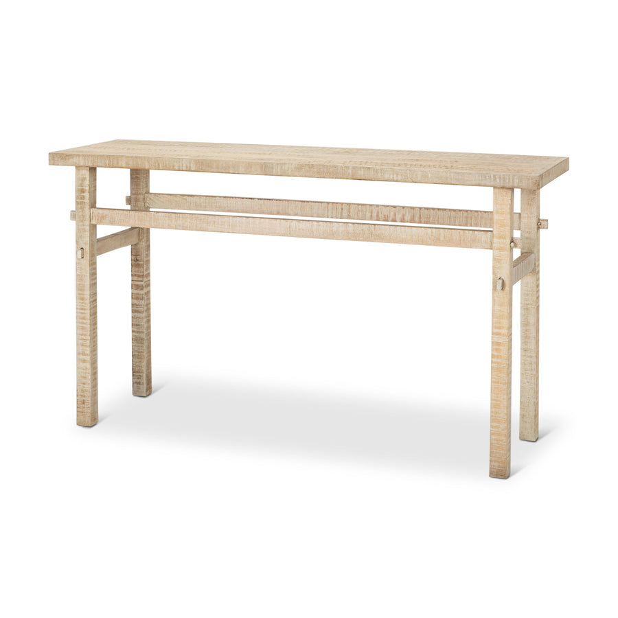 Three-quarter perspective view highlighting the clean architectural lines and the warm organic tones of the solid wood frame