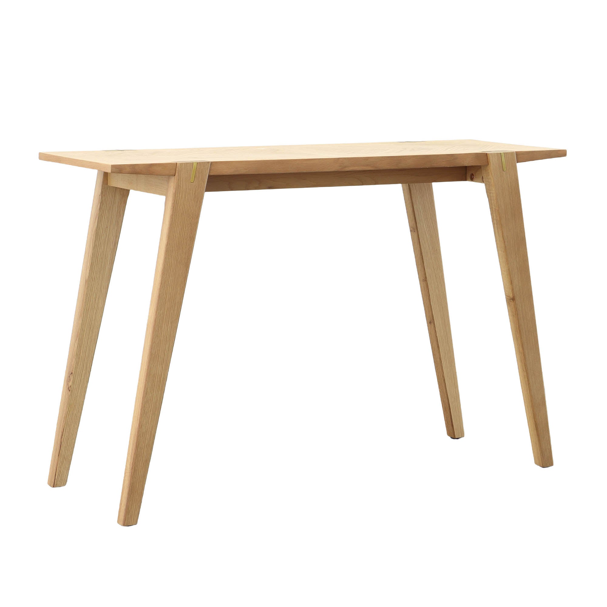 Front view of the Colton console table in natural oak featuring a minimalist design with slim tapered legs and exposed joinery