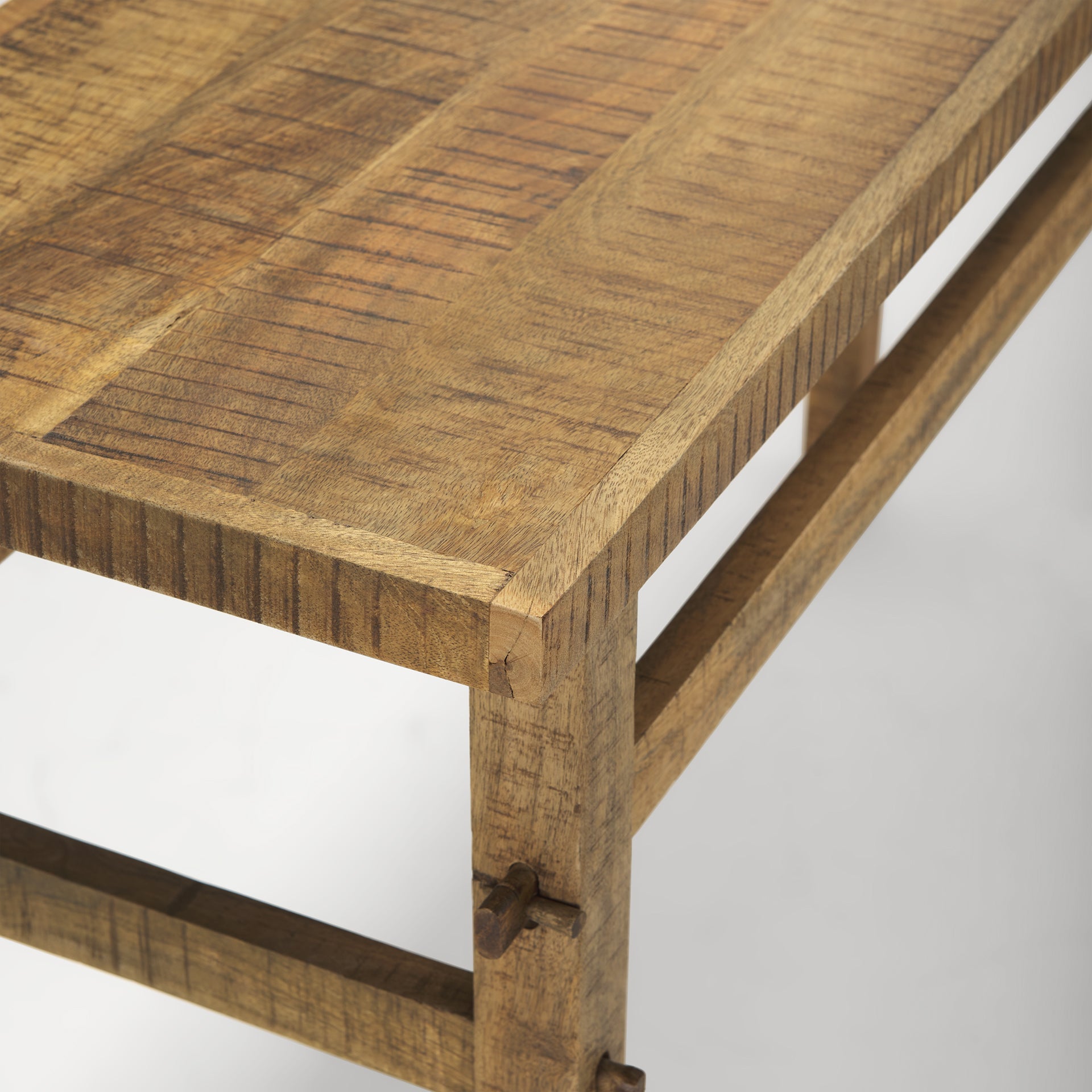 Front view of the Rosie console table in a light natural mango wood finish featuring a minimalist double-tier design