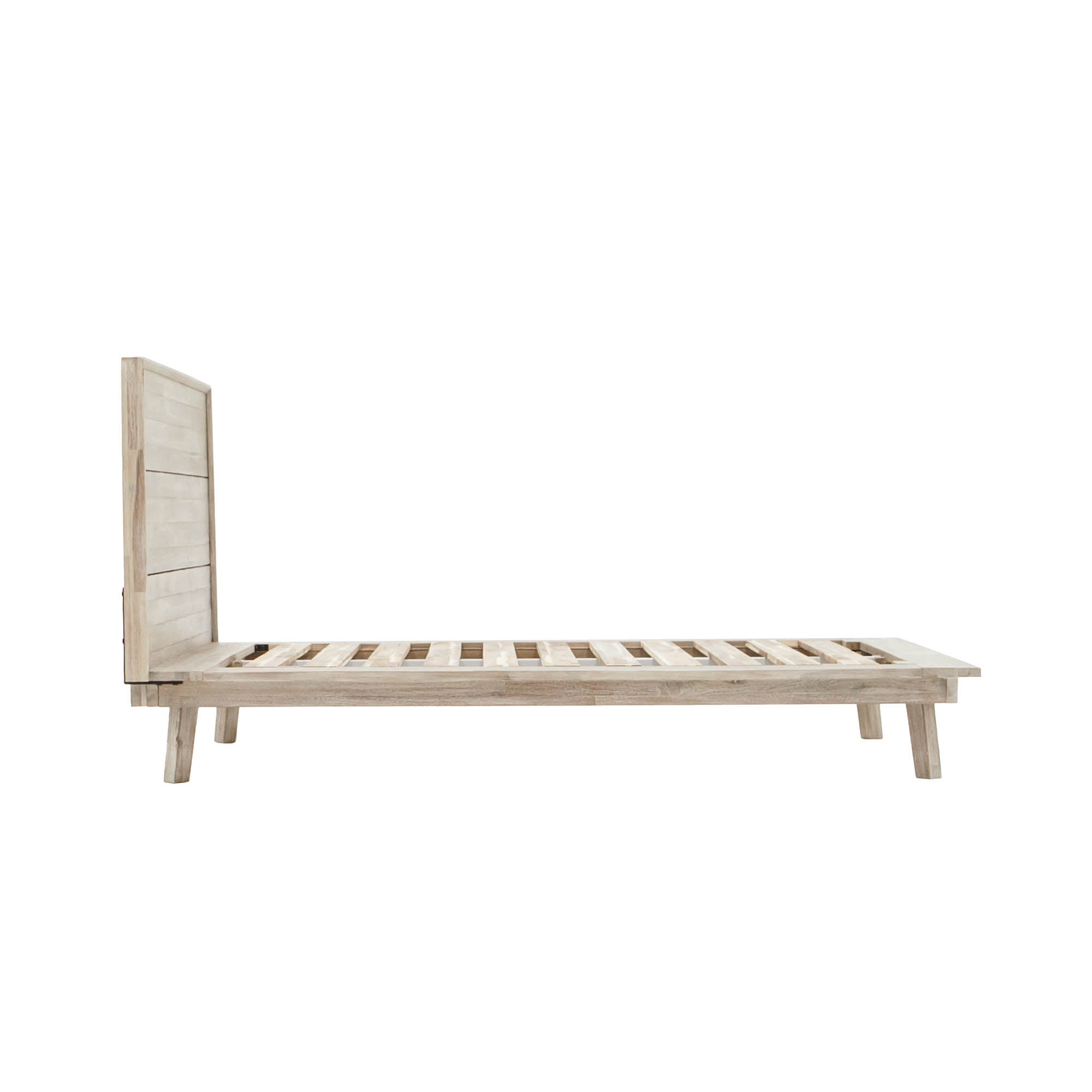 Front view of the Gia platform bed featuring a clean-lined headboard with horizontal wood planks in a weathered light oak finish