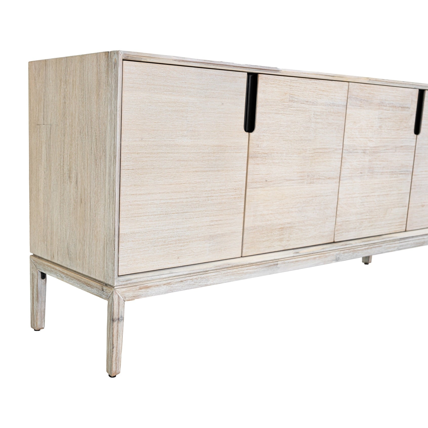 Straight-on front view of the Gemini sideboard featuring a light whitewashed wood finish and four handle-free cabinet doors