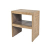 Three-quarter perspective view showcasing the clean architectural lines and functional open cubby design of the mango wood accent table