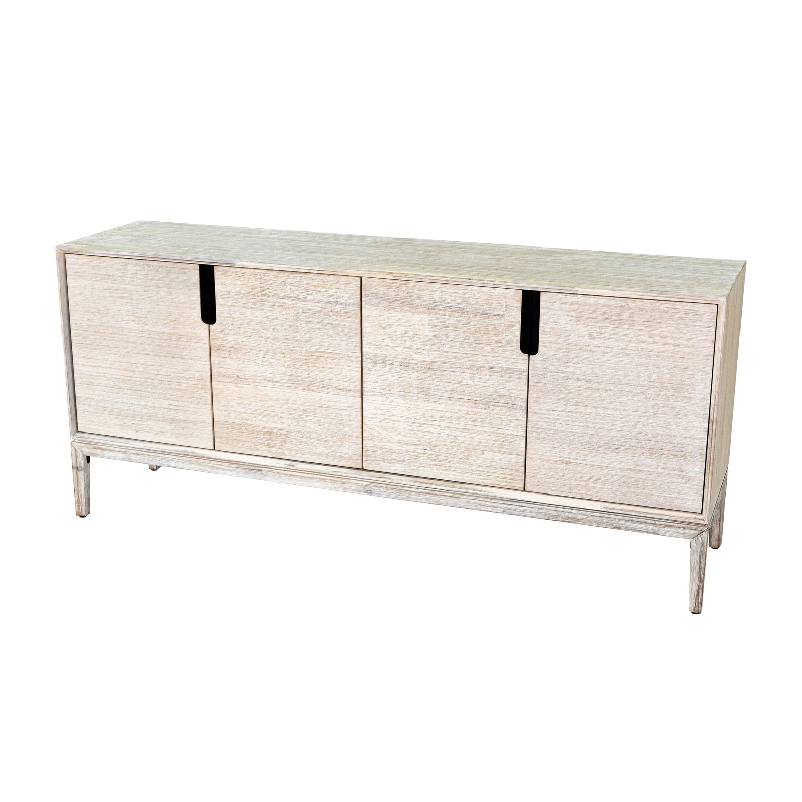 Straight-on front view of the Gemini sideboard featuring a light whitewashed wood finish and four handle-free cabinet doors