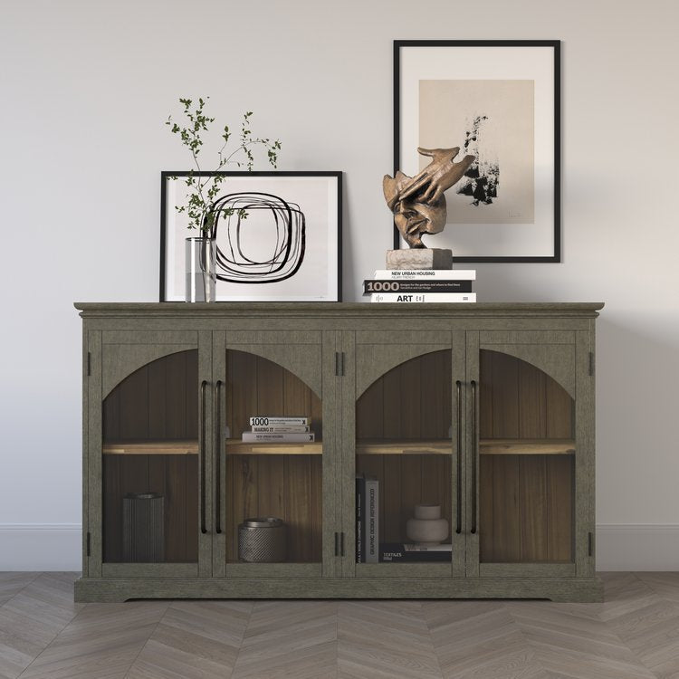 Straight-on front view of the Archdale accent cabinet in a weathered grey finish featuring four arched glass-front doors