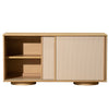 View of the sideboard with one tambour door open to showcase the internal natural wood shelving and spacious storage compartment