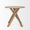 Low-angle view highlighting the structural flow of the cross-legged tripod base and the warm natural wood grain