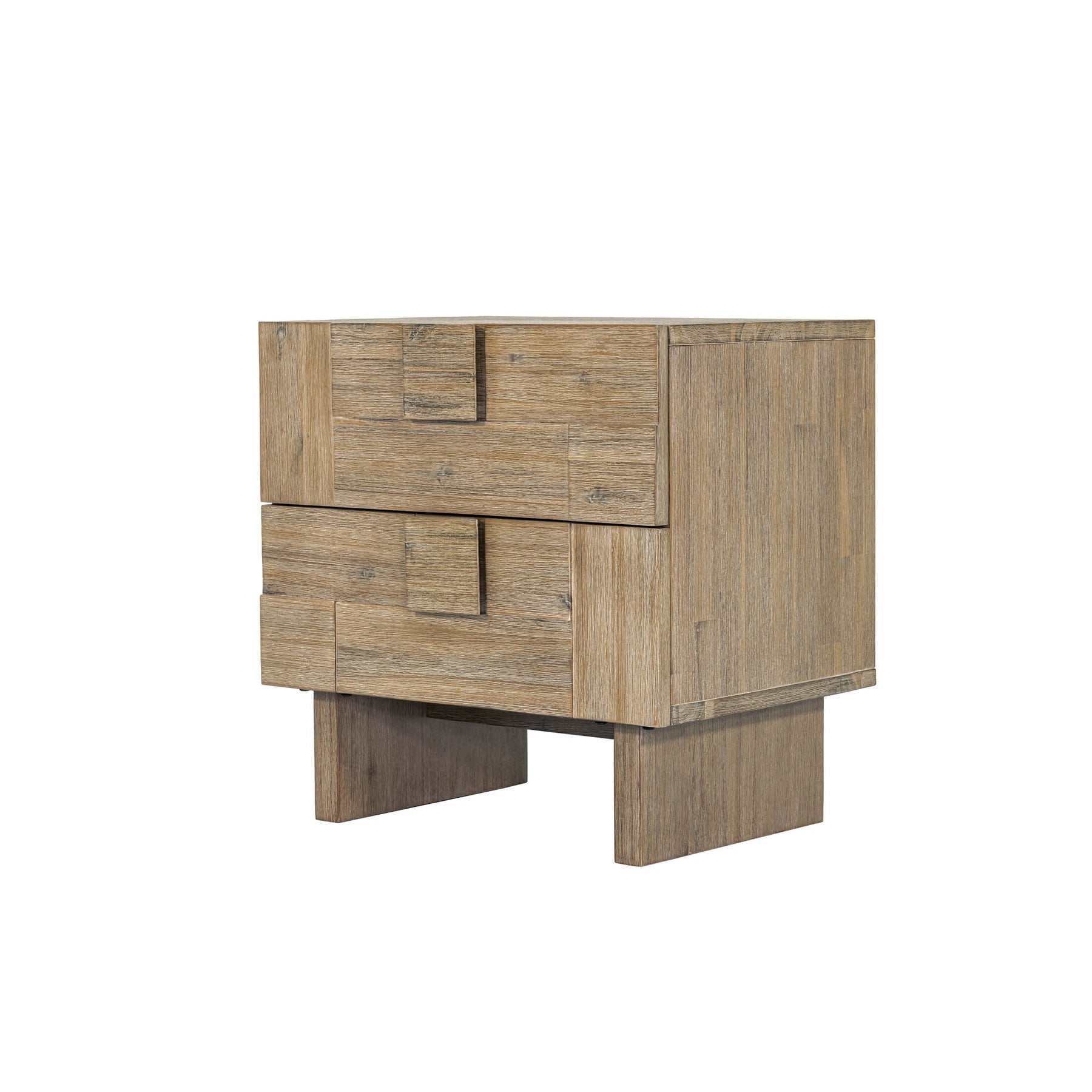 Front view of the Atlantis nightstand featuring a unique puzzle-like textured wood facade and two spacious drawers with integrated square handles